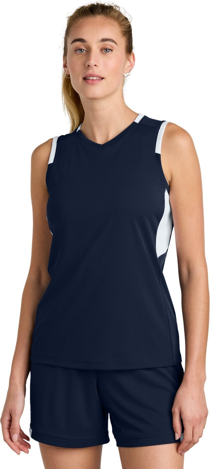Front View of TrNv/White Sport-Tek Women's Club Sleeveless V-Neck LST441