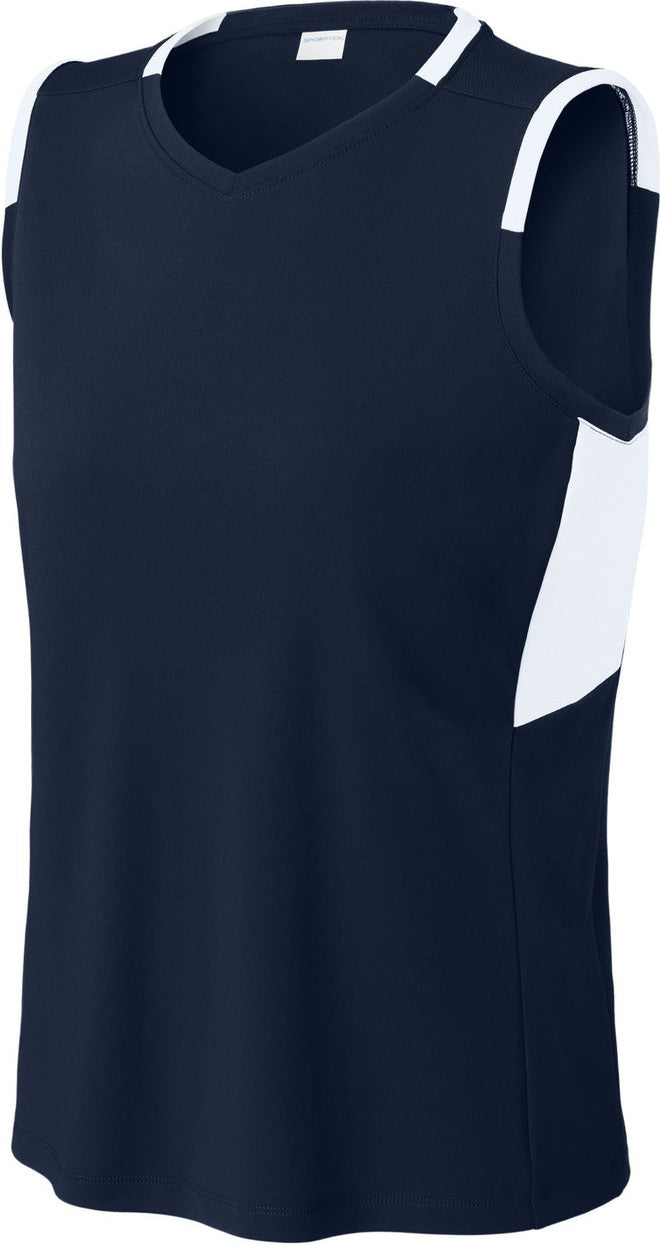 Front View of TrNv/White Sport-Tek Women's Club Sleeveless V-Neck LST441