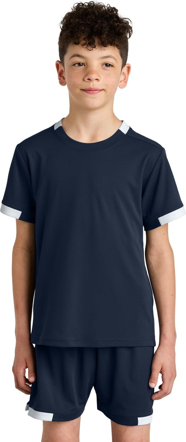 Front View of TrNv/White Sport-Tek Youth Club Short Sleeve Crew YST440