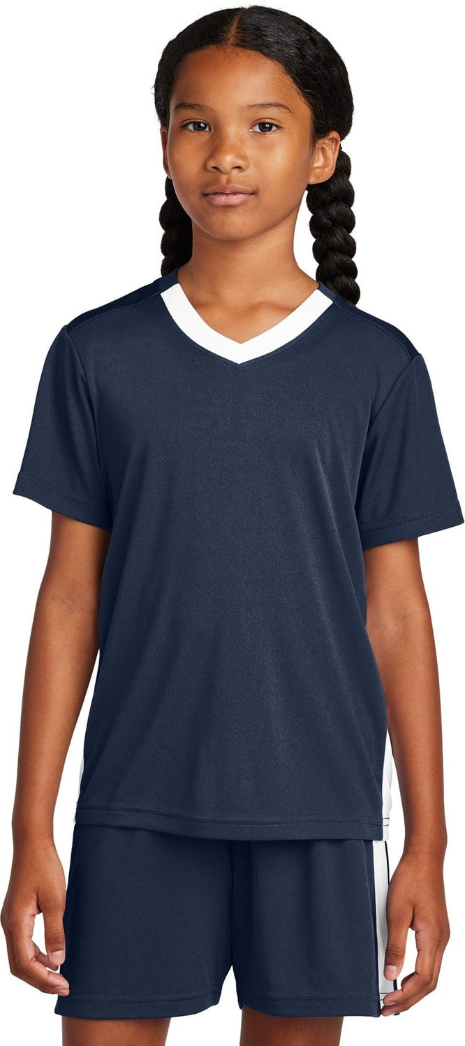 Front View of TrNv/White Sport-Tek Youth Competitor United V-Neck YST101