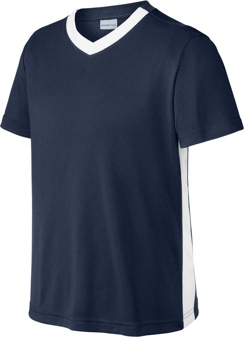 Front View of TrNv/White Sport-Tek Youth Competitor United V-Neck YST101