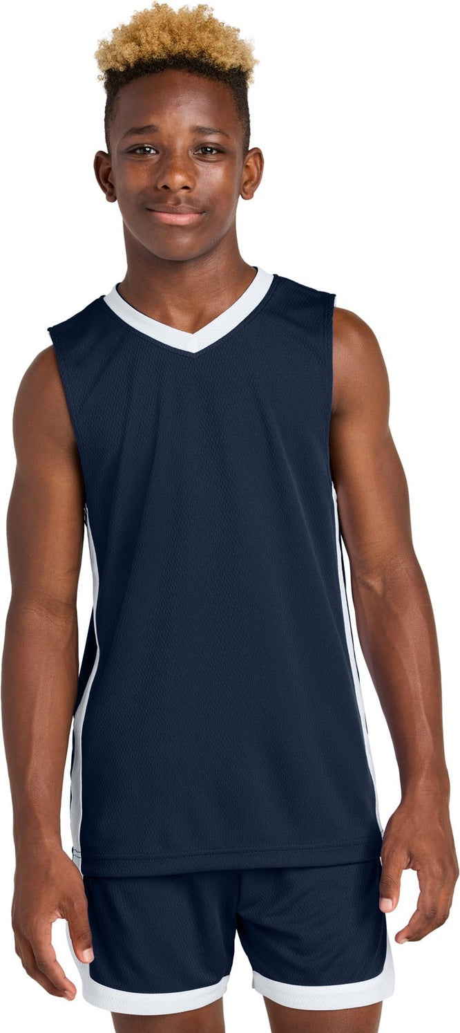 Front View of TrNv/White Sport-Tek Youth Rival Basketball Rev Jersey YST900