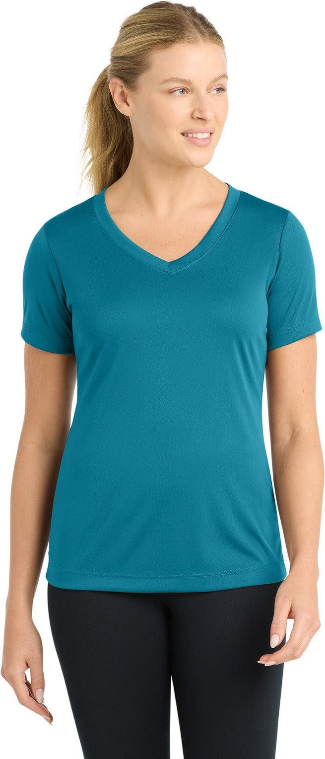 Front View of Tropic Blue Sport-Tek Women's PosiCharge Competitor V-Neck Tee. LST353
