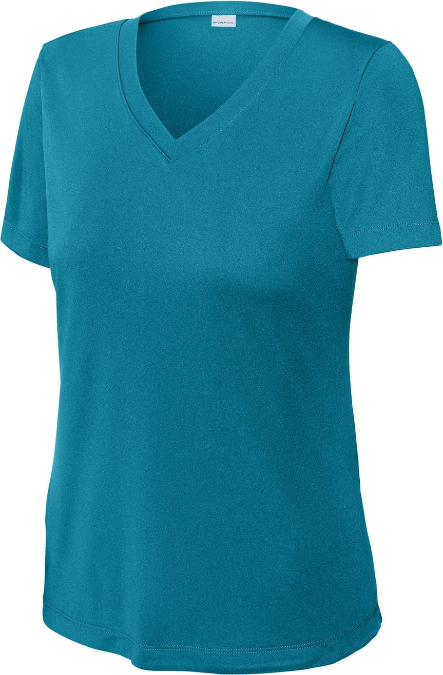 Front View of Tropic Blue Sport-Tek Women's PosiCharge Competitor V-Neck Tee. LST353