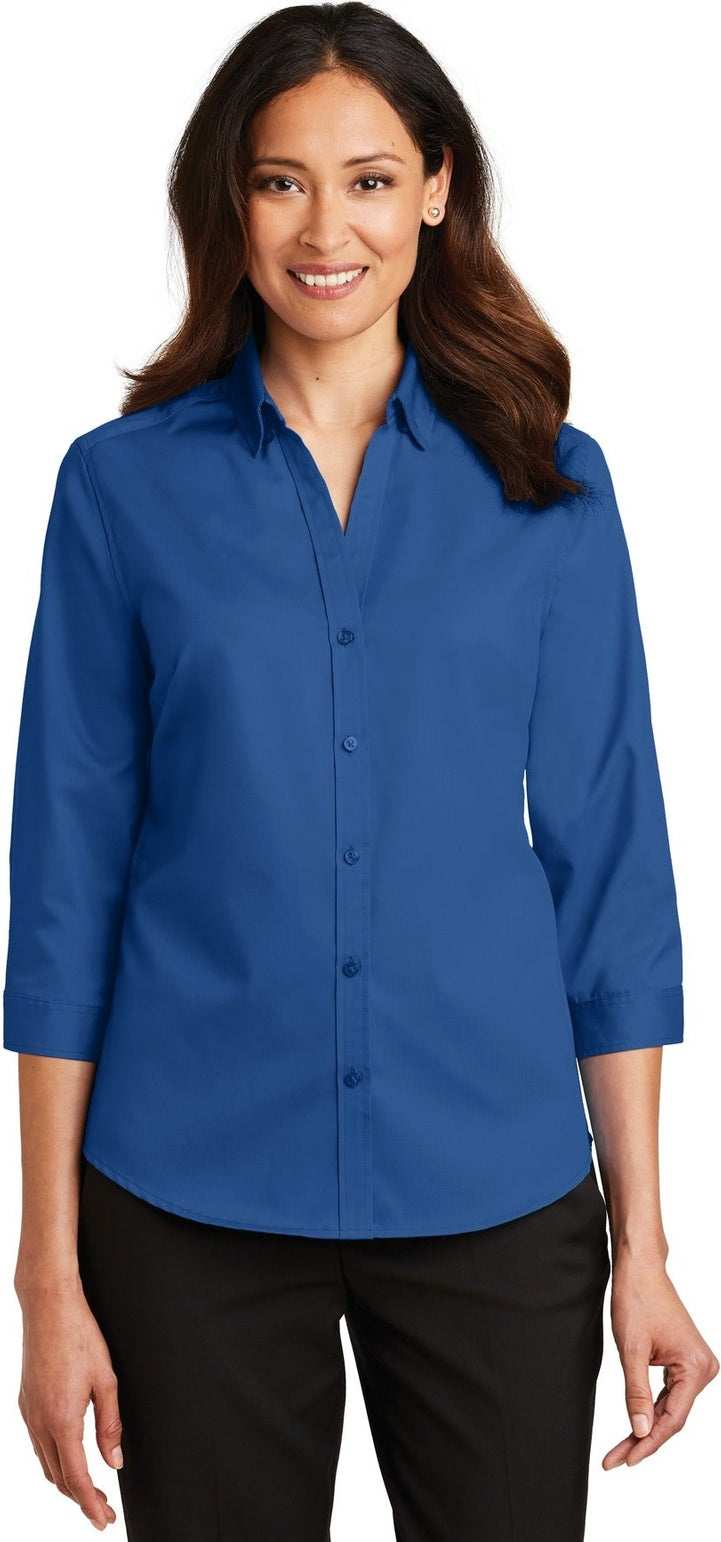 Front View of True Blue Port Authority Women's 3/4-Sleeve SuperPro Twill Shirt. L665