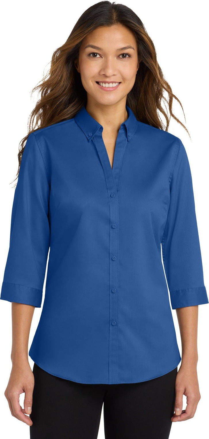 Front View of True Blue Port Authority Women's 3/4-Sleeve SuperPro Twill Shirt. L665