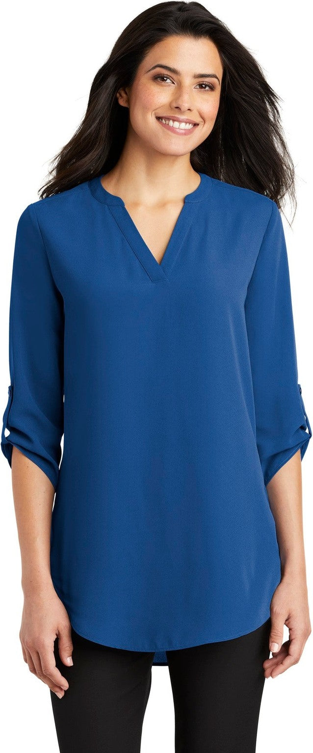 Front View of True Blue Port Authority Women's 3/4-Sleeve Tunic Blouse. LW701