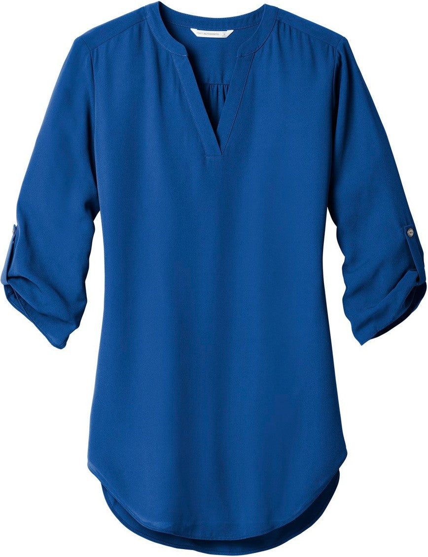 Front View of True Blue Port Authority Women's 3/4-Sleeve Tunic Blouse. LW701