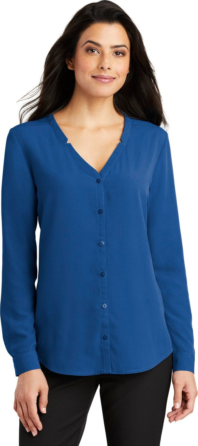 Front View of True Blue Port Authority Women's Long Sleeve Button-Front Blouse. LW700