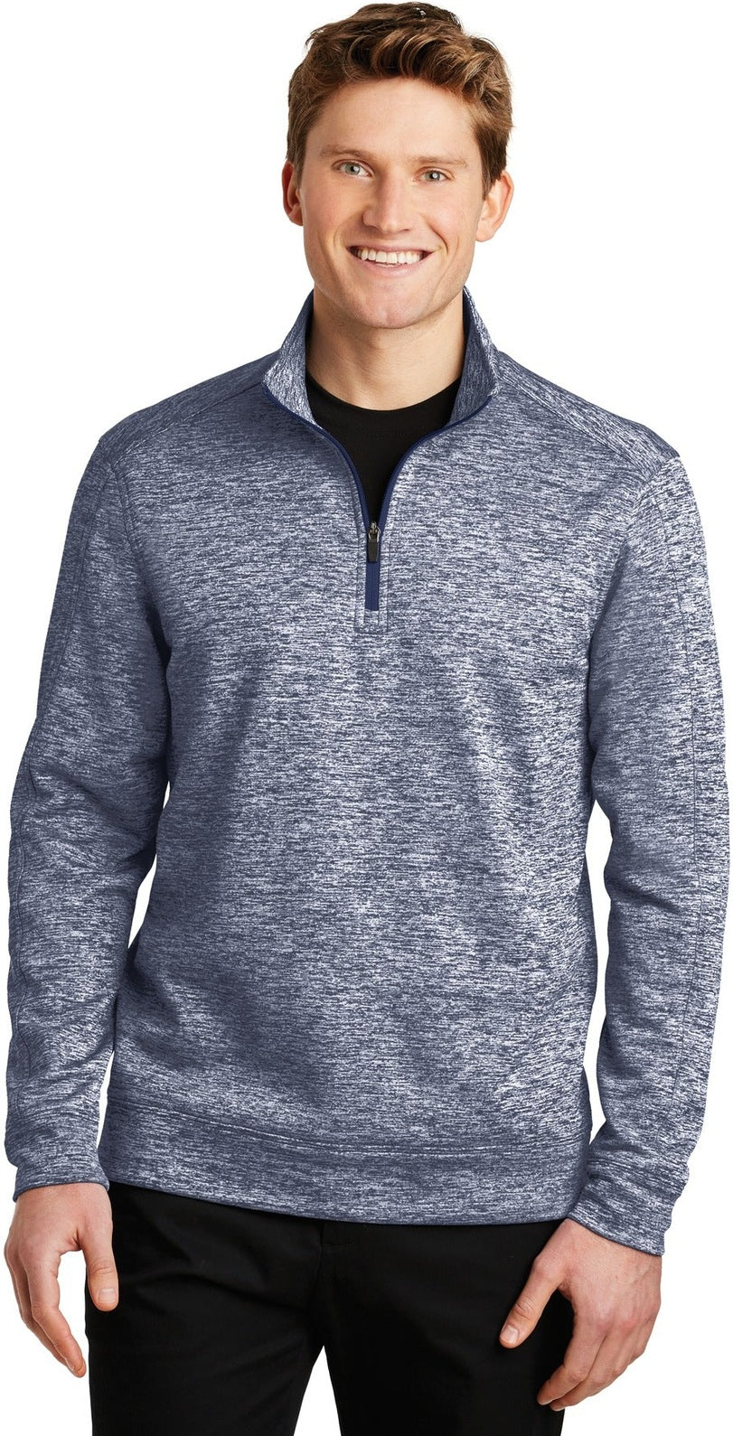 Front View of True Navy Elec Sport-Tek PosiCharge Electric Heather Fleece 1/4-Zip Pullover. ST226