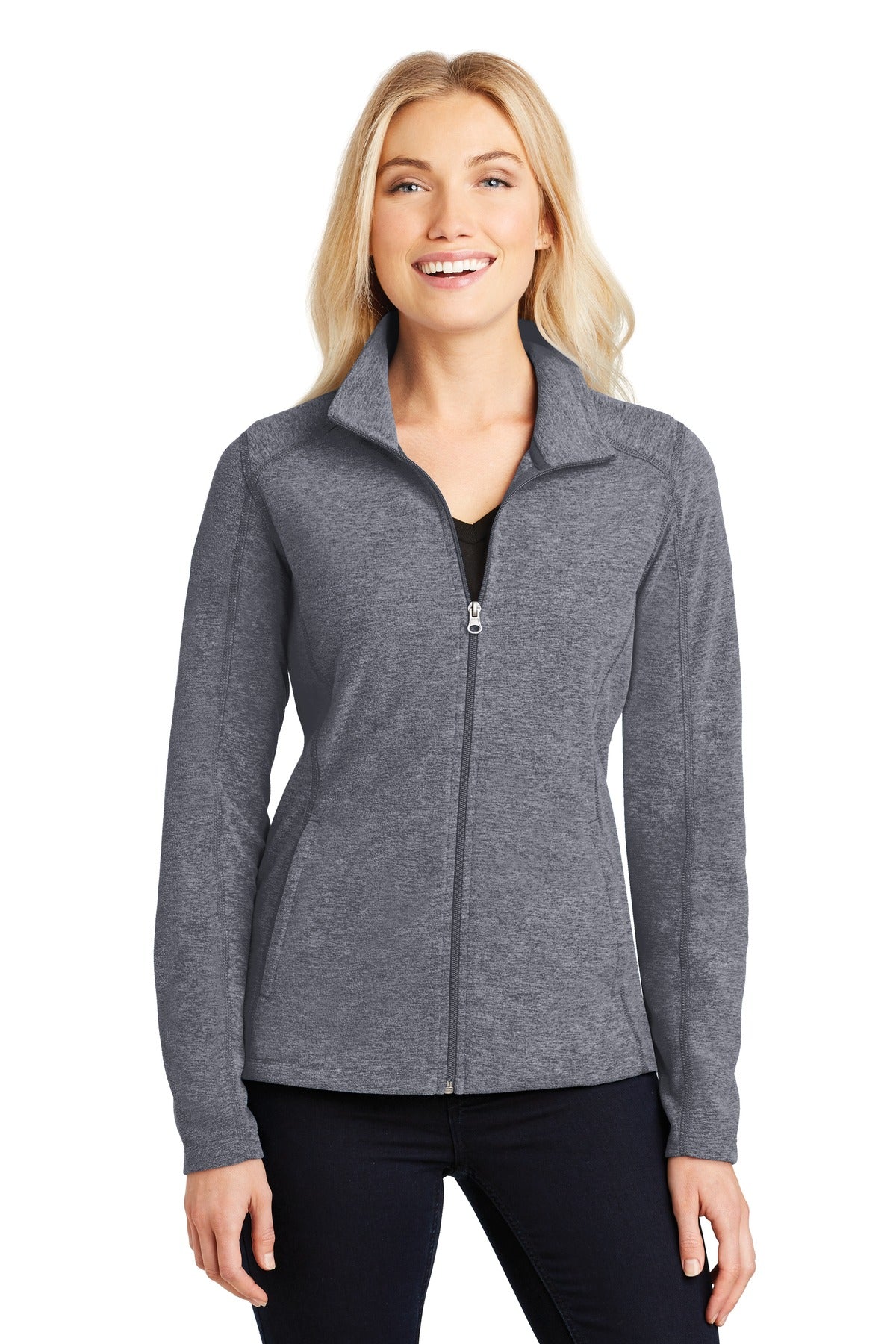Front View of True Navy Hthr Port Authority Women's Heather Microfleece Full-Zip Jacket. L235