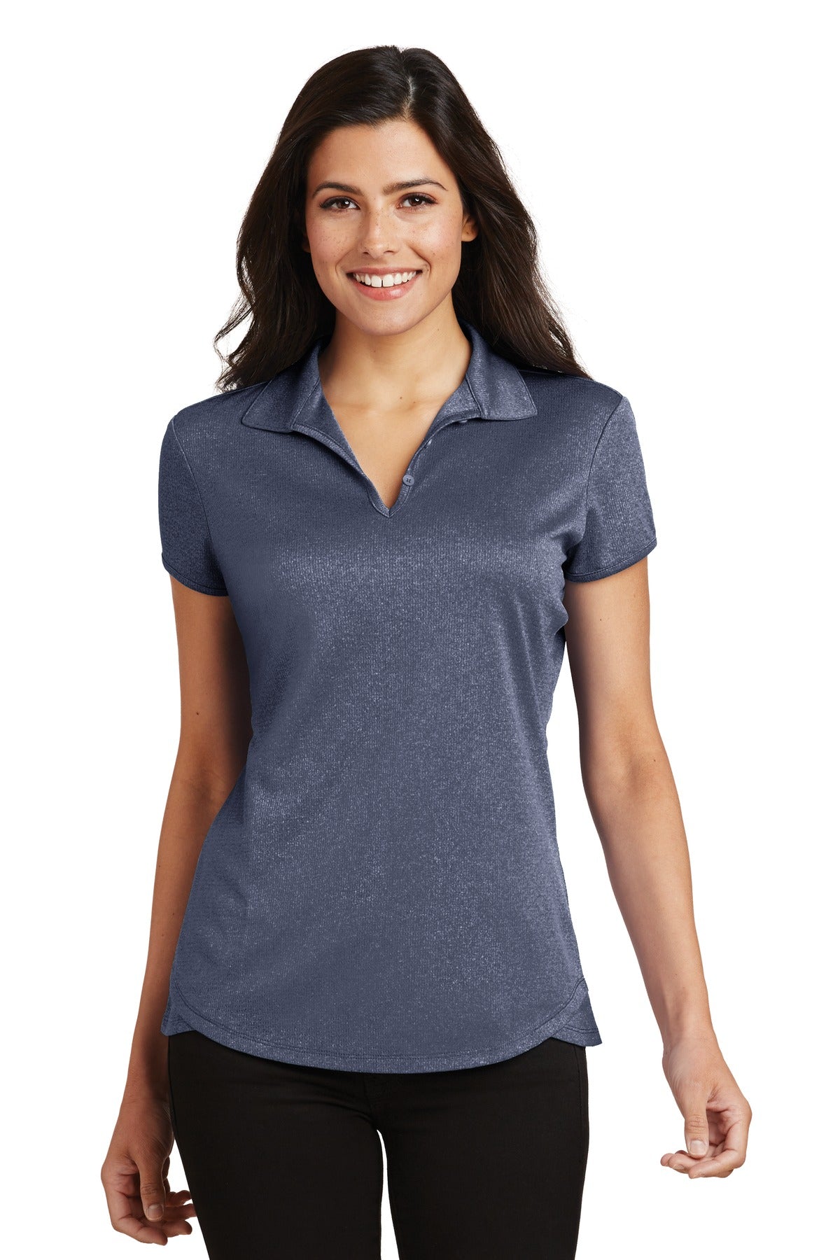 Front View of True Navy Hthr Port Authority Women's Trace Heather Polo. L576