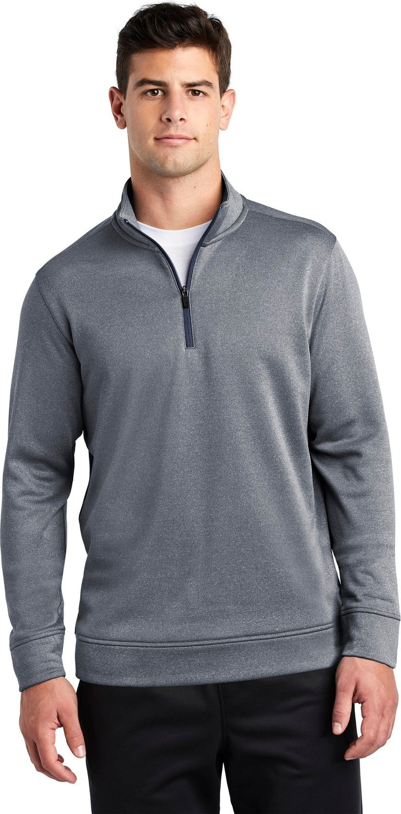 Front View of True Navy Hthr Sport-Tek PosiCharge Sport-Wick Heather Fleece 1/4-Zip Pullover. ST263