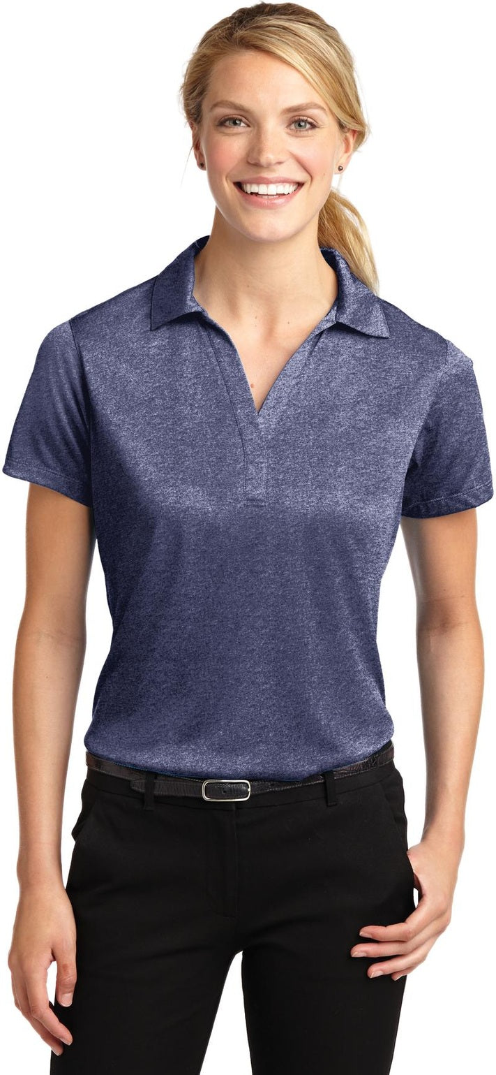 Front View of True Navy Hthr Sport-Tek Women's Heather Contender Polo. LST660