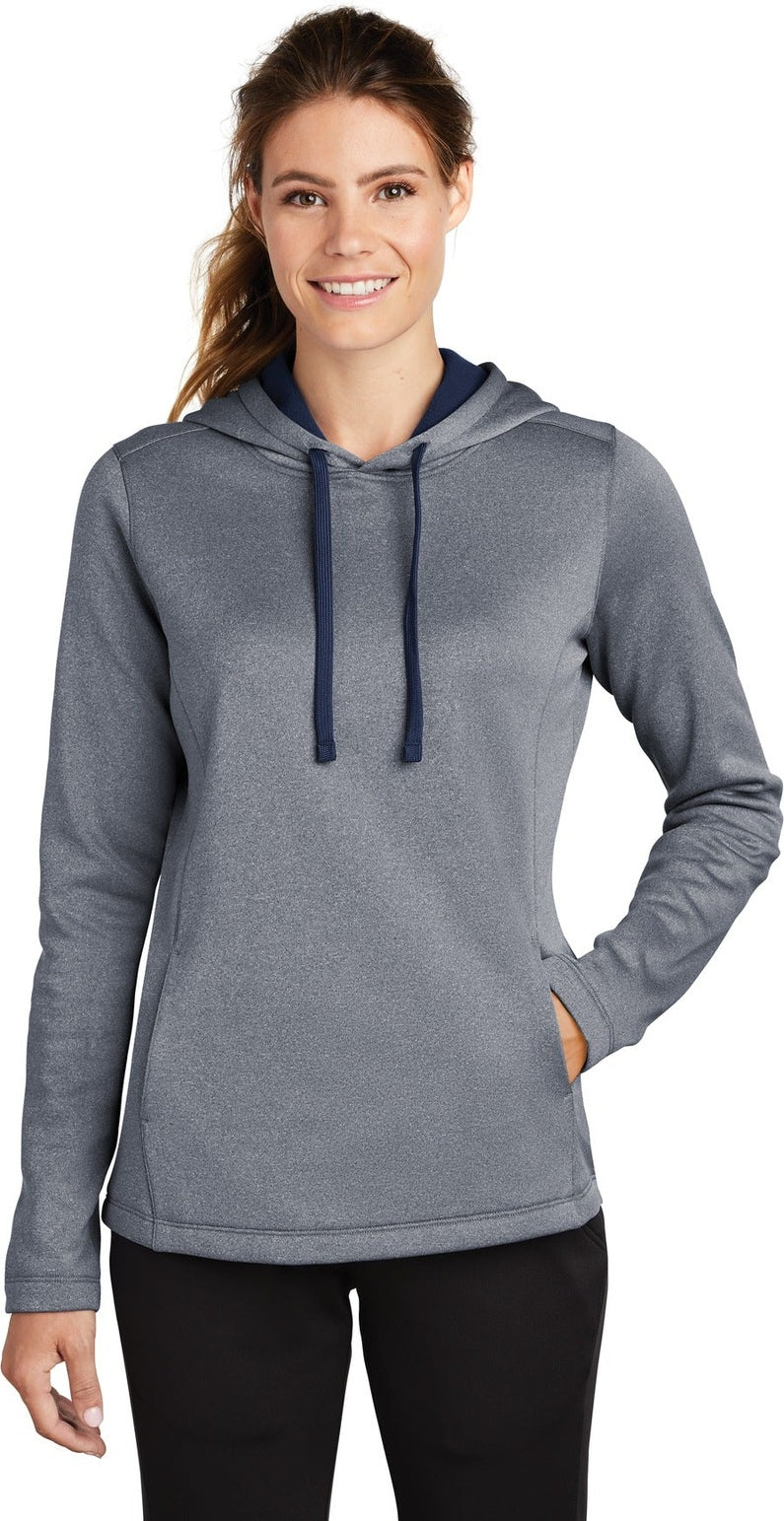 Front View of True Navy Hthr Sport-Tek Women's PosiCharge Sport-Wick Heather Fleece Hooded Pullover. LST264