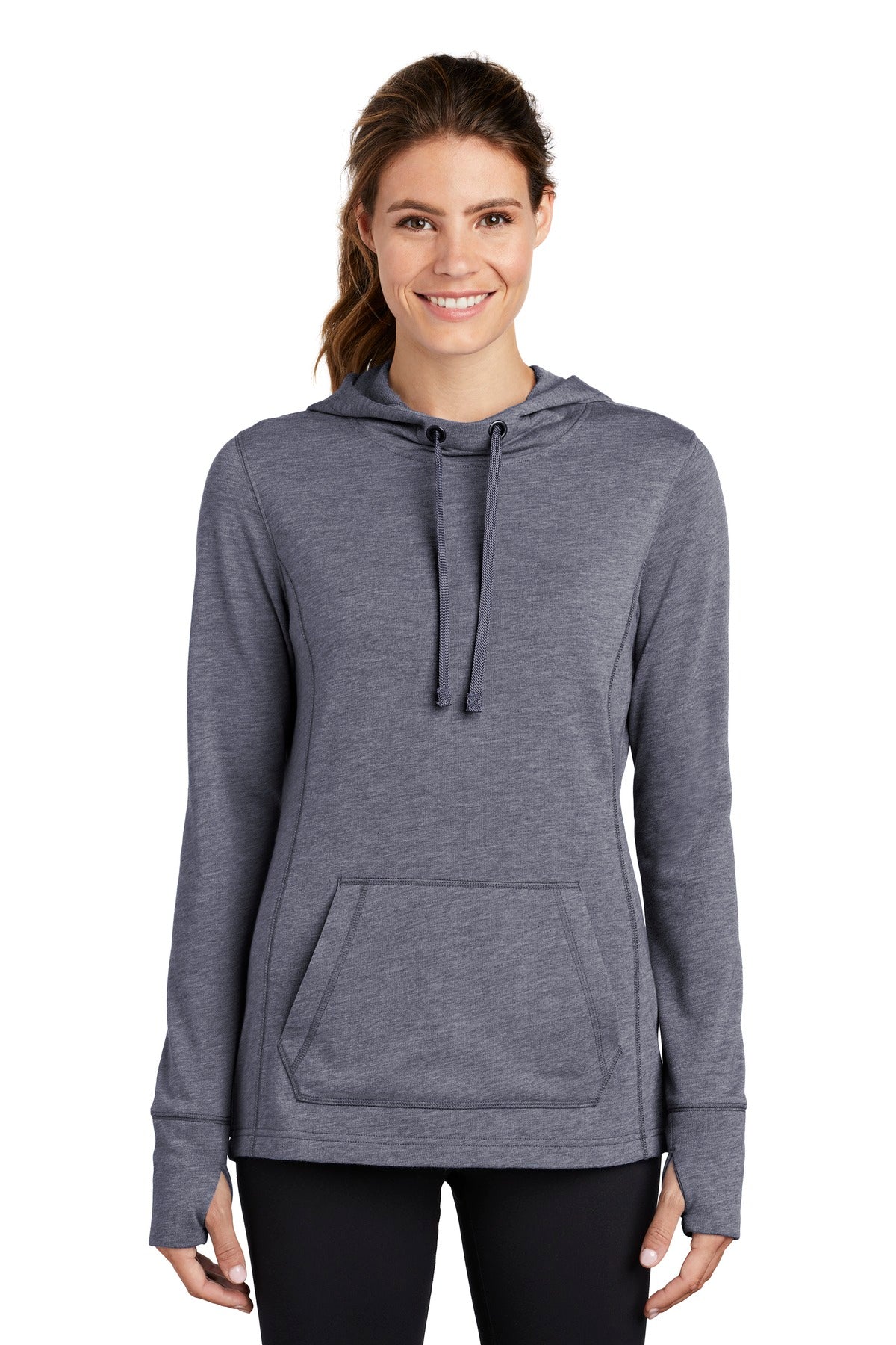 Front View of True Navy Hthr Sport-Tek Women's PosiCharge Tri-Blend Wicking Fleece Hooded Pullover. LST296
