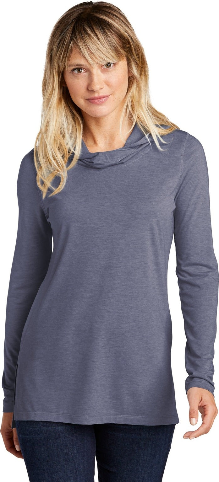 Front View of True Navy Hthr Sport-Tek Women's PosiCharge Tri-Blend Wicking Long Sleeve Hoodie LST406