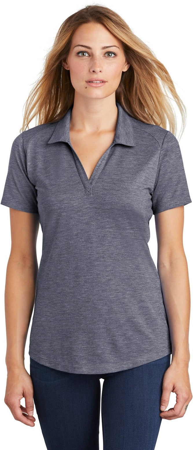 Front View of True Navy Hthr Sport-Tek Women's PosiCharge Tri-Blend Wicking Polo. LST405
