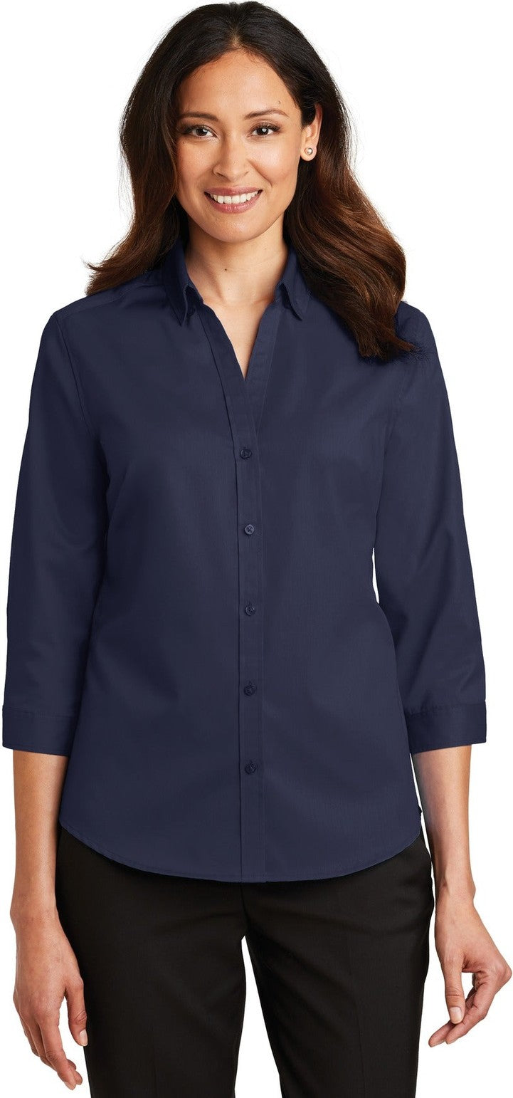 Front View of True Navy Port Authority Women's 3/4-Sleeve SuperPro Twill Shirt. L665
