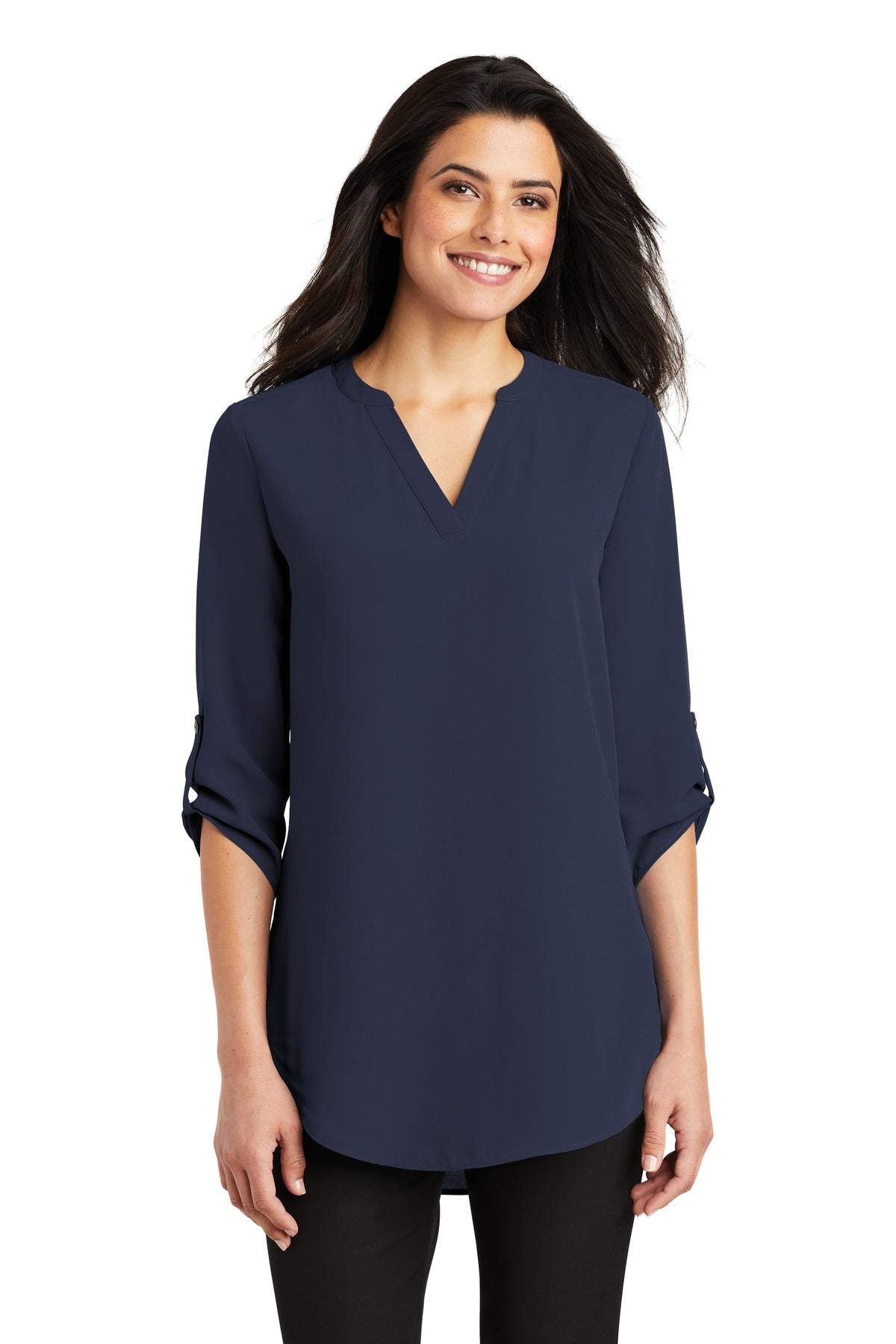 Front View of True Navy Port Authority Women's 3/4-Sleeve Tunic Blouse. LW701