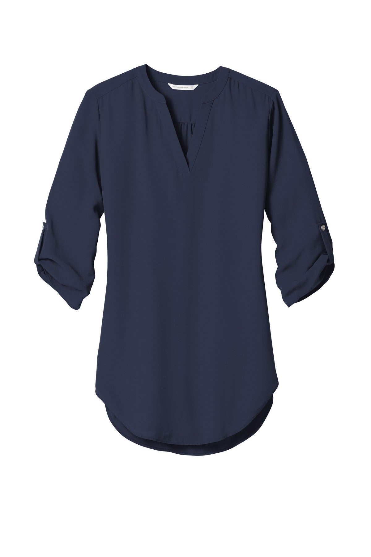 Front View of True Navy Port Authority Women's 3/4-Sleeve Tunic Blouse. LW701