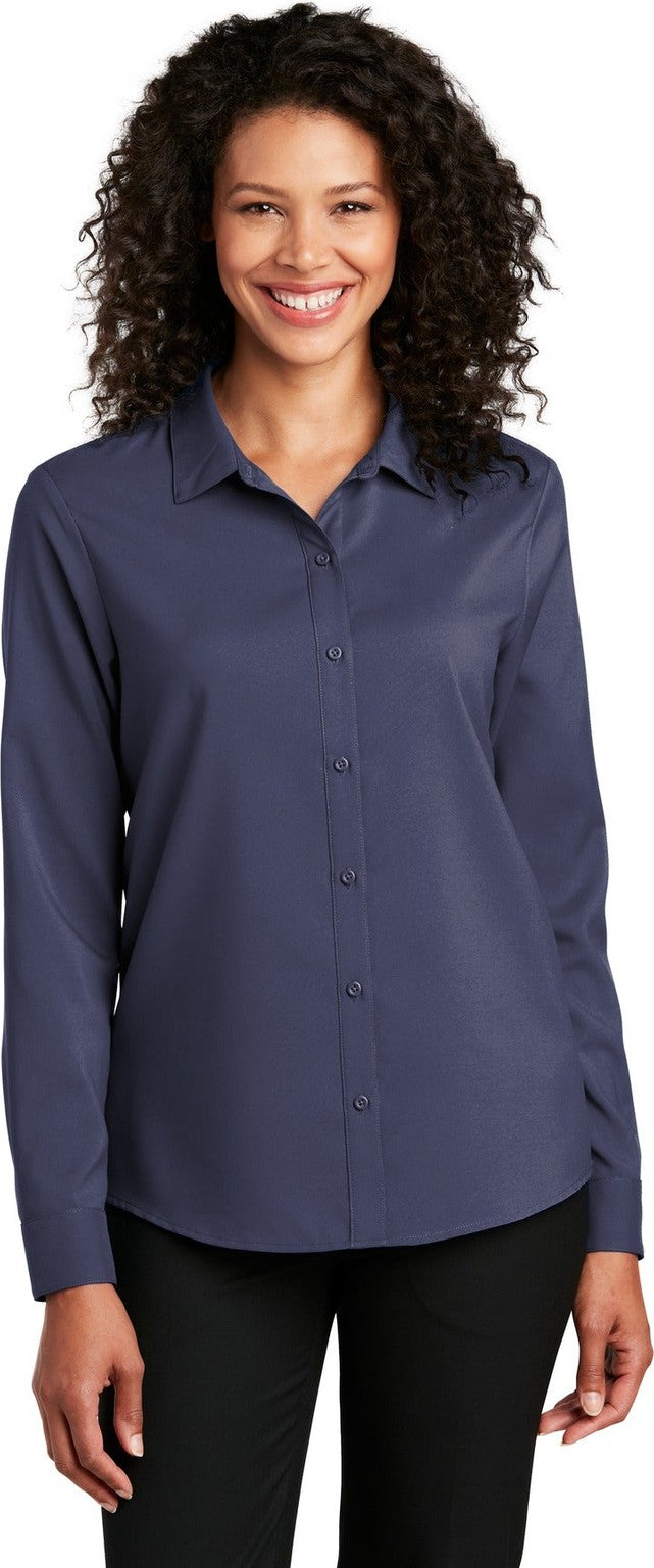 Front View of True Navy Port Authority Women's Long Sleeve Performance Staff Shirt LW401