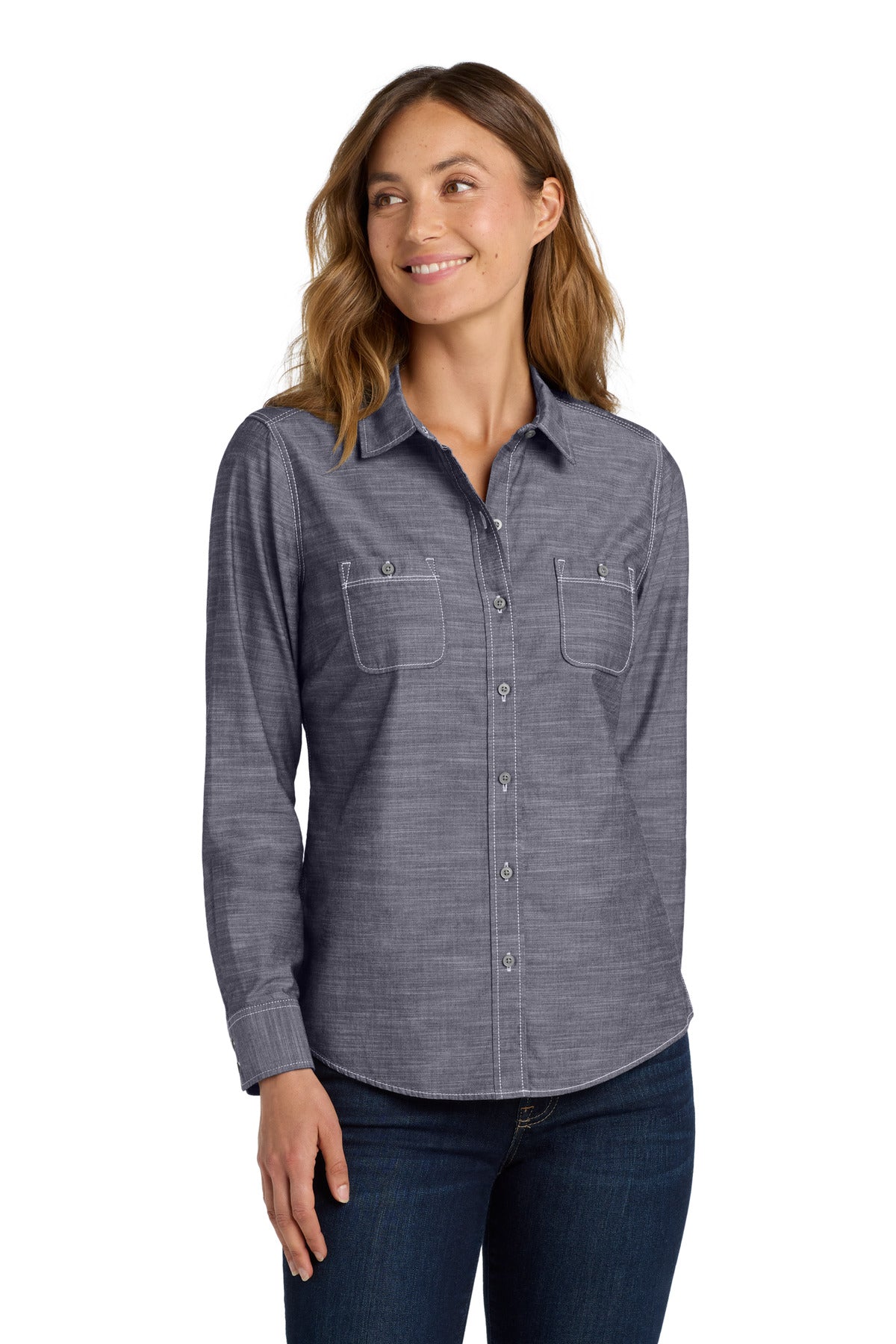 Front View of True Navy Port Authority Women's Slub Chambray Shirt. LW380