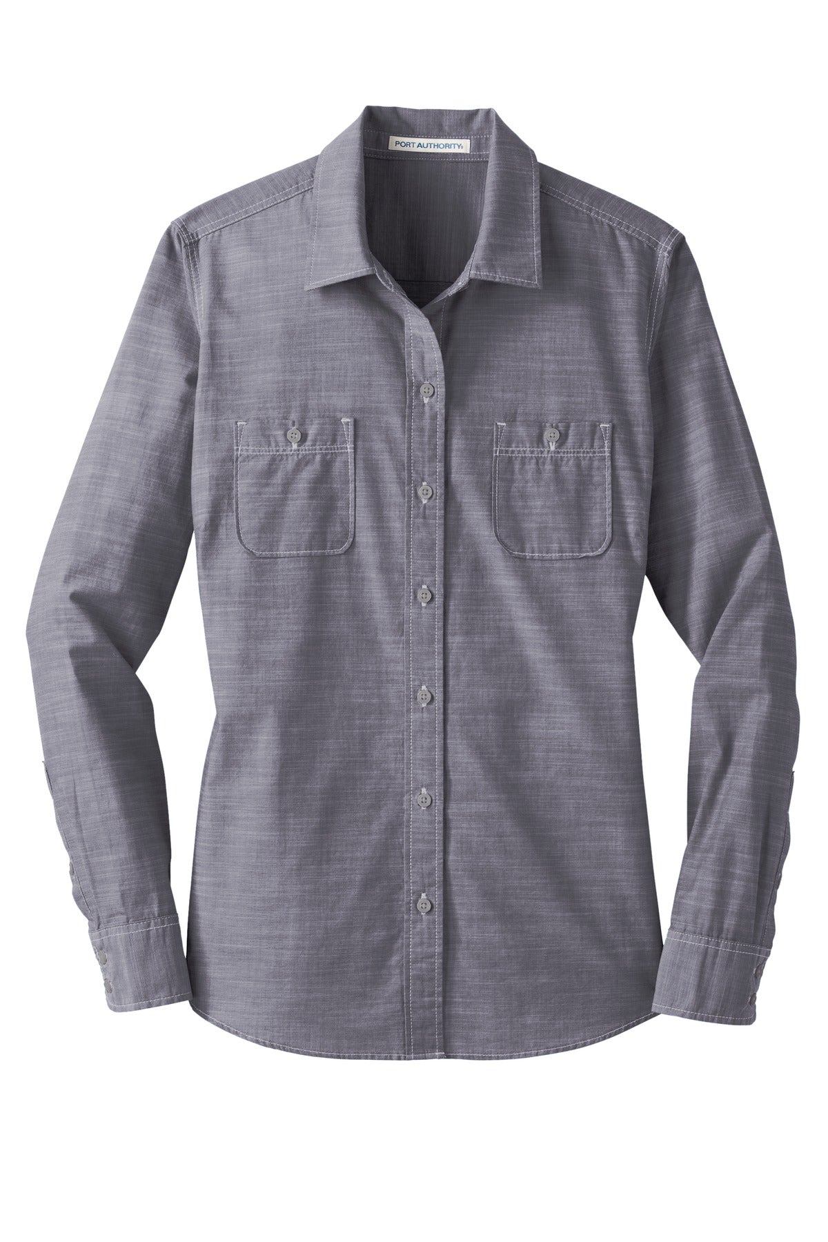 Front View of True Navy Port Authority Women's Slub Chambray Shirt. LW380