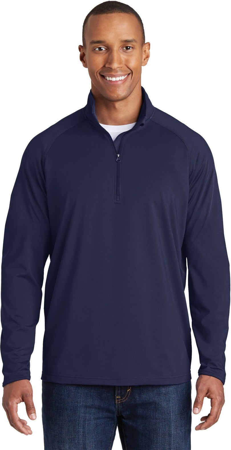 Front View of True Navy Sport-Tek Sport-Wick Stretch 1/4-Zip Pullover. ST850