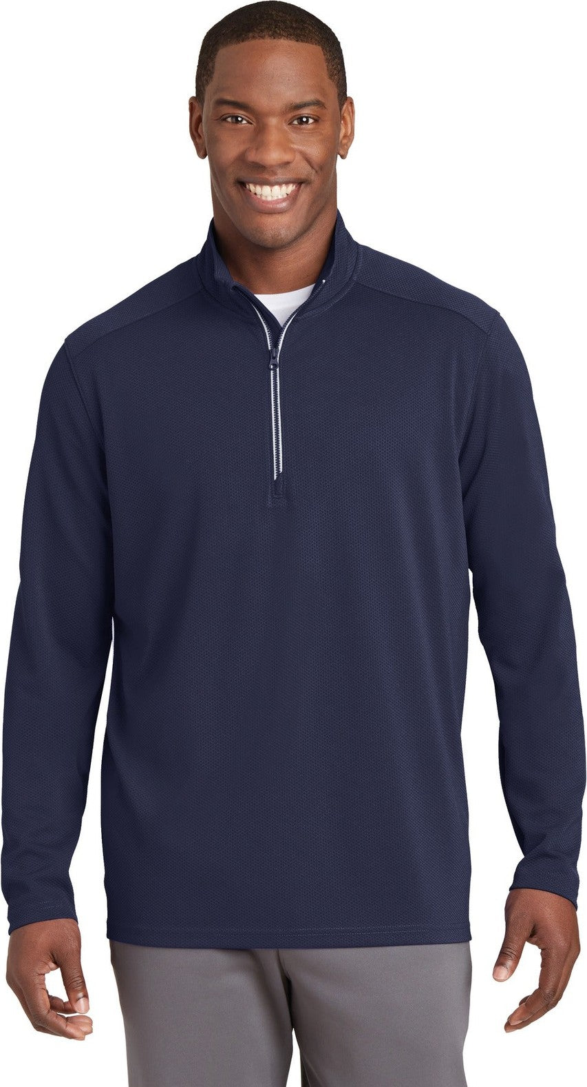 Front View of True Navy Sport-Tek Sport-Wick Textured 1/4-Zip Pullover. ST860