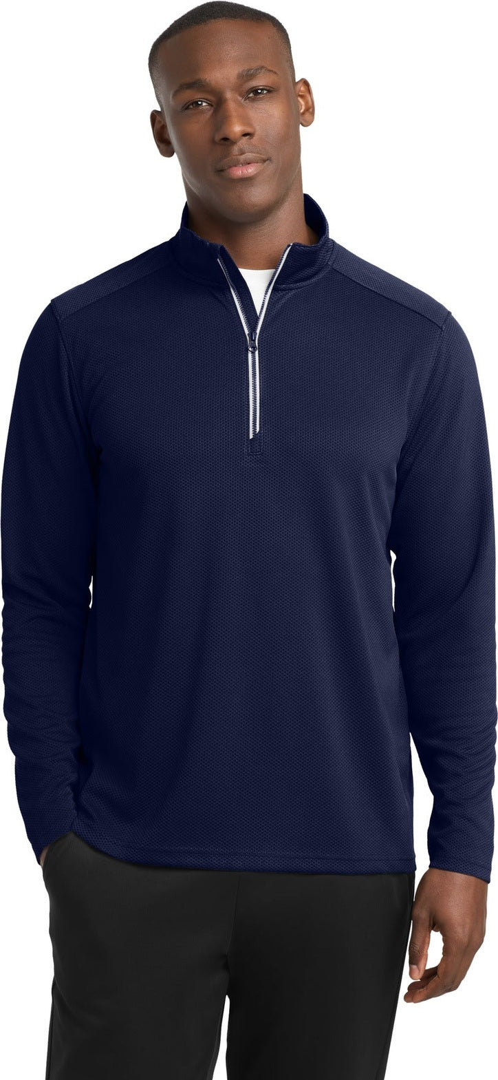 Front View of True Navy Sport-Tek Sport-Wick Textured 1/4-Zip Pullover. ST860