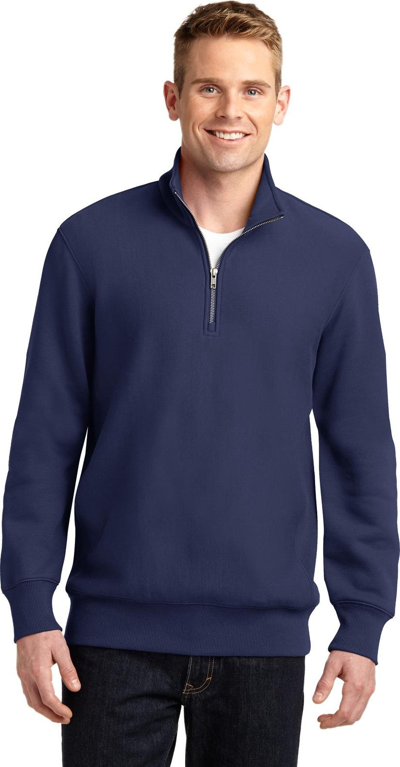 Front View of True Navy Sport-Tek Super Heavyweight 1/4-Zip Pullover Sweatshirt. ST283