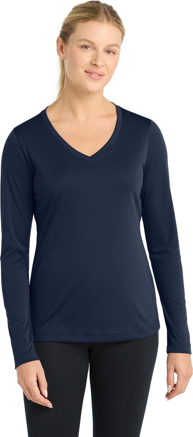 Front View of True Navy Sport-Tek Women's Long Sleeve PosiCharge Competitor V-Neck Tee. LST353LS