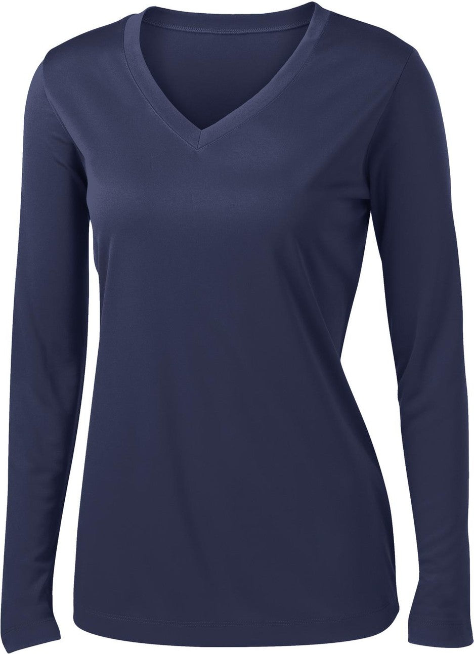 Front View of True Navy Sport-Tek Women's Long Sleeve PosiCharge Competitor V-Neck Tee. LST353LS