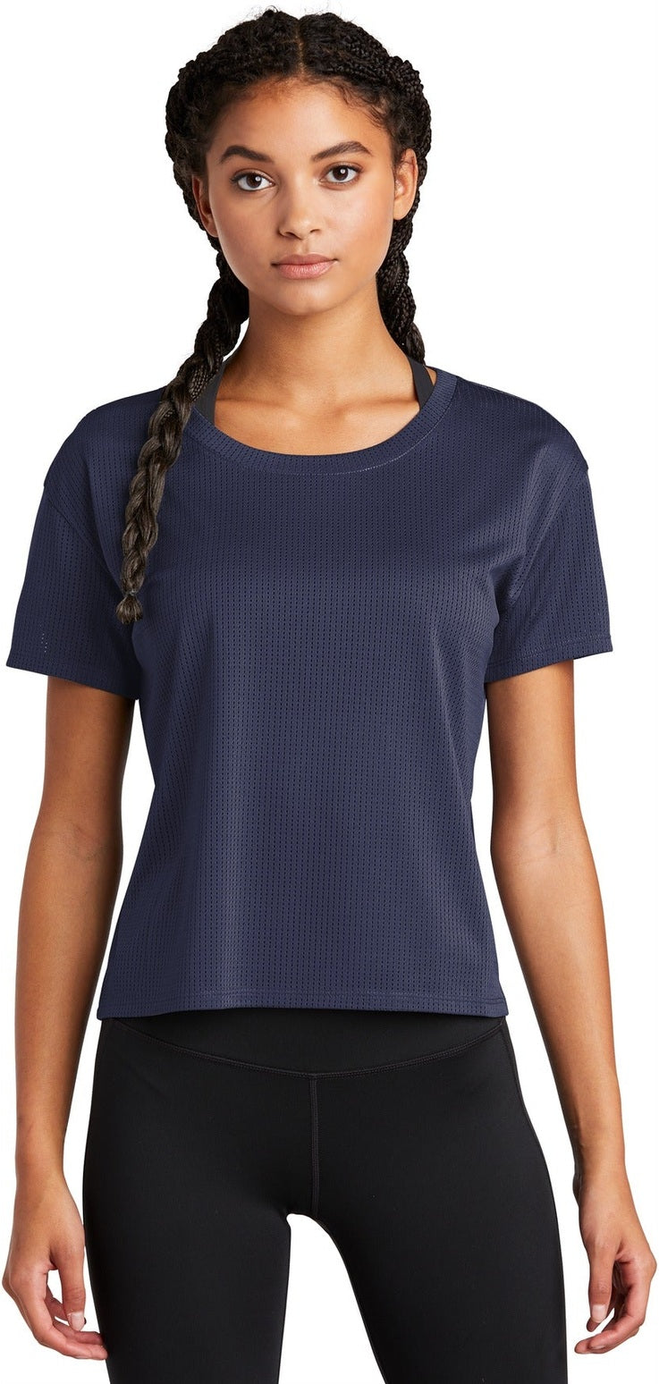 Front View of True Navy Sport-Tek Women's PosiCharge Draft Crop Tee. LST411