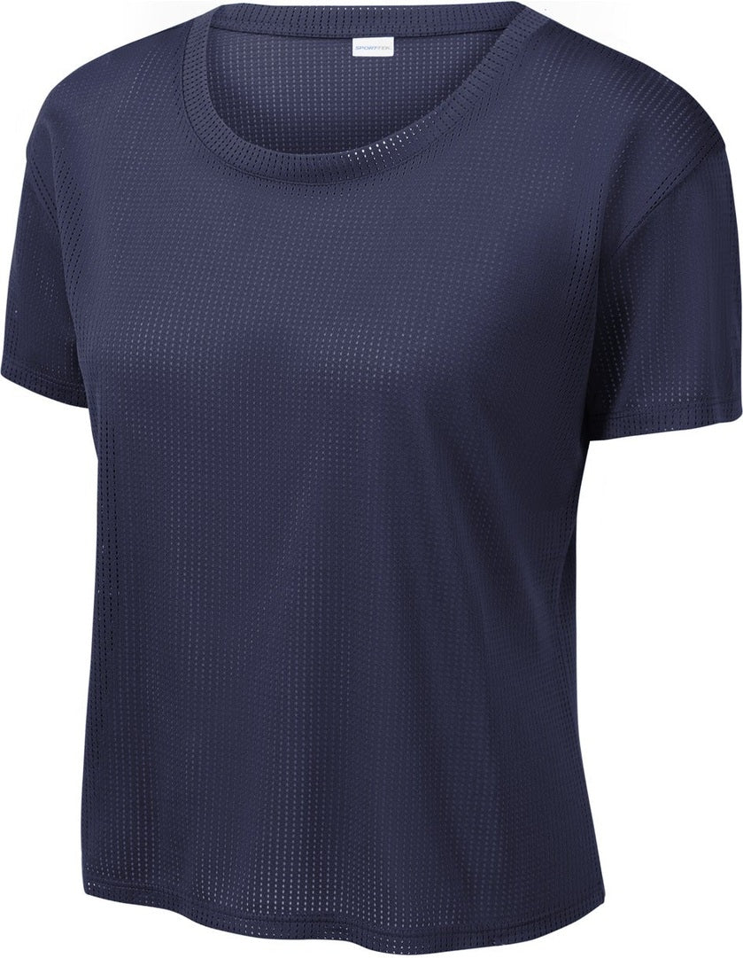 Front View of True Navy Sport-Tek Women's PosiCharge Draft Crop Tee. LST411