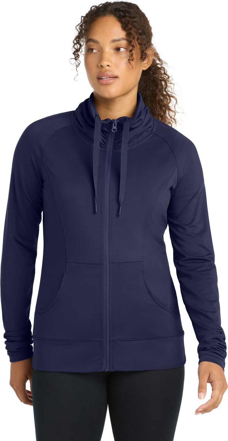 Front View of True Navy Sport-Tek Women's Sport-Wick Stretch Full-Zip Jacket. LST852
