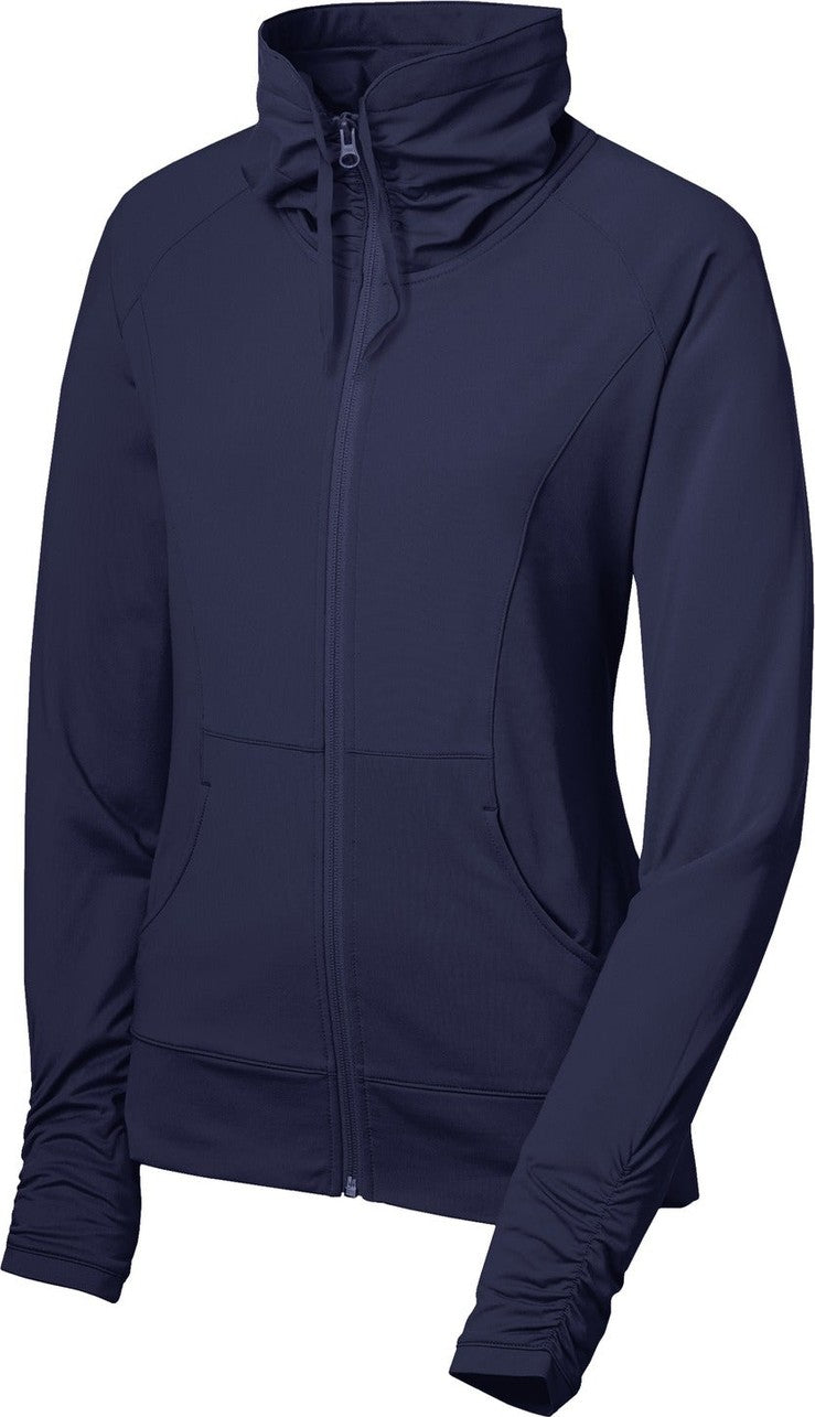 Front View of True Navy Sport-Tek Women's Sport-Wick Stretch Full-Zip Jacket. LST852
