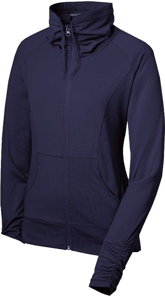 Front View of True Navy Sport-Tek Women's Sport-Wick Stretch Full-Zip Jacket. LST852