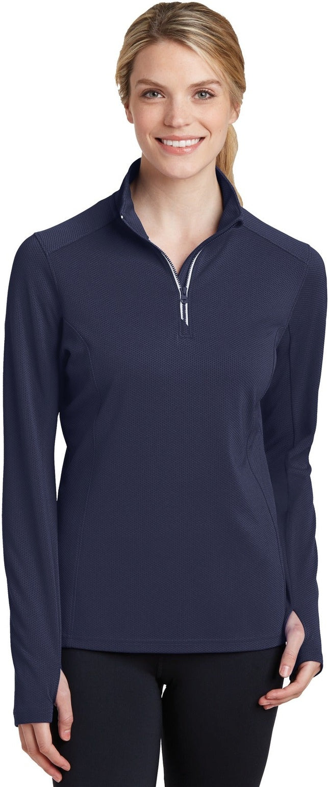 Front View of True Navy Sport-Tek Women's Sport-Wick Textured 1/4-Zip Pullover. LST860