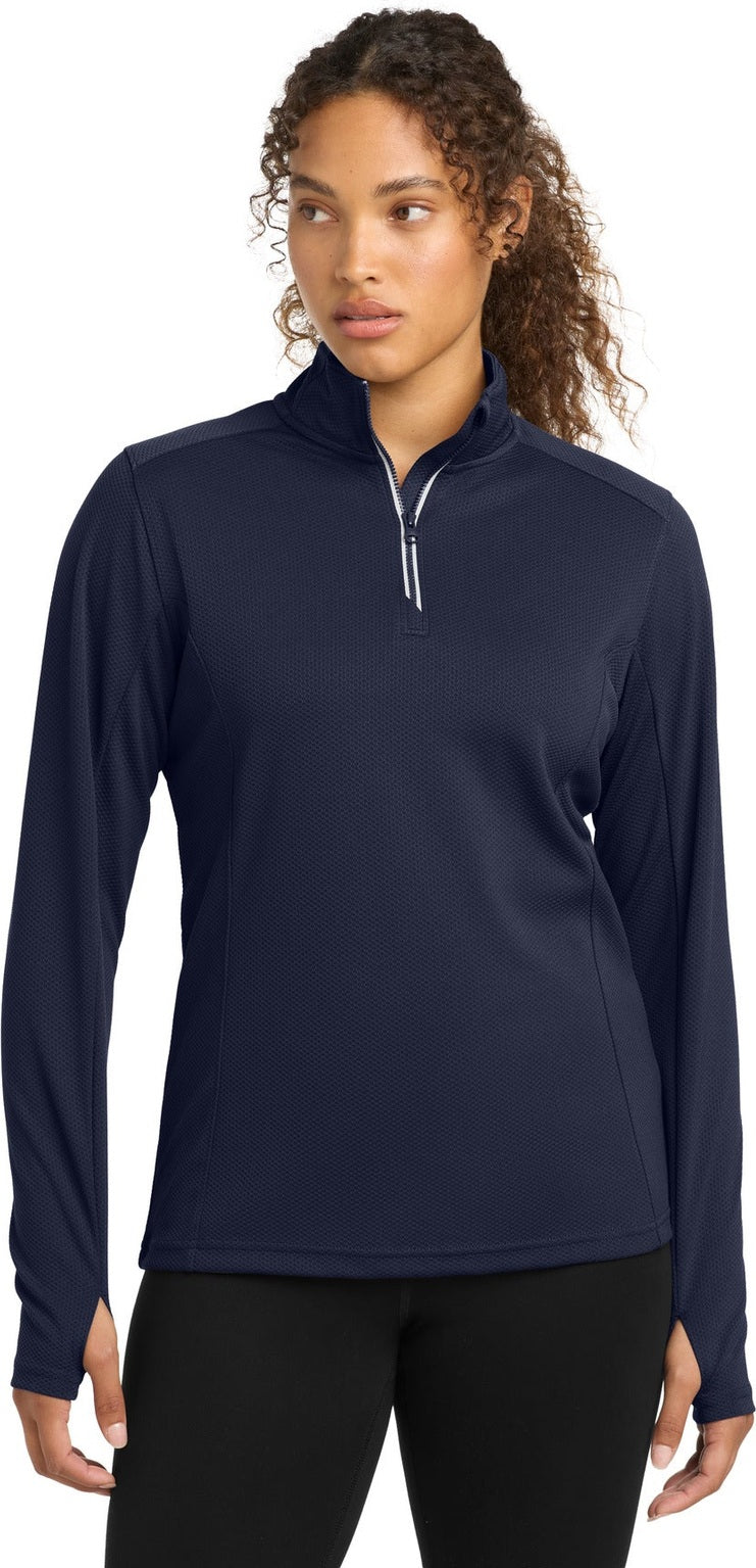 Front View of True Navy Sport-Tek Women's Sport-Wick Textured 1/4-Zip Pullover. LST860