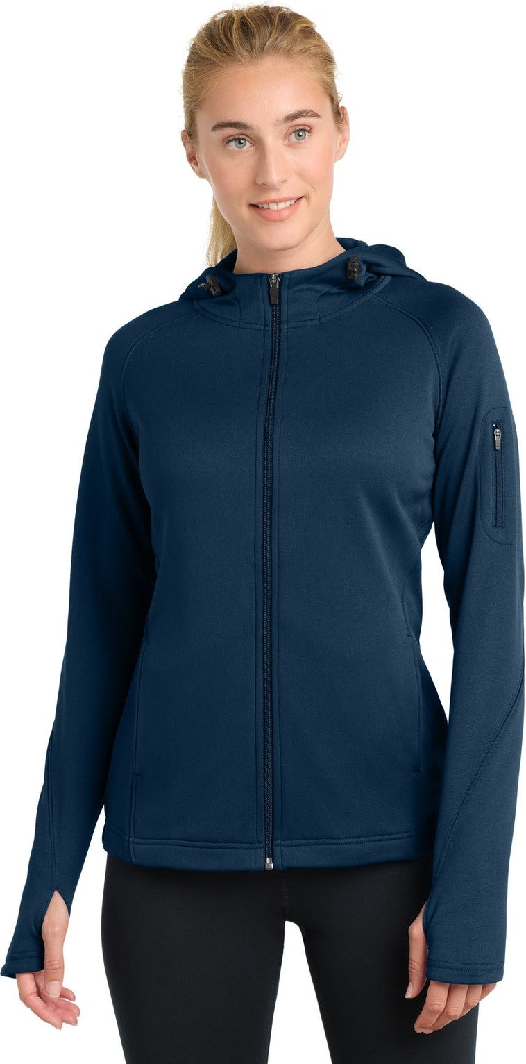 Front View of True Navy Sport-Tek Women's Tech Fleece Full-Zip Hooded Jacket. L248