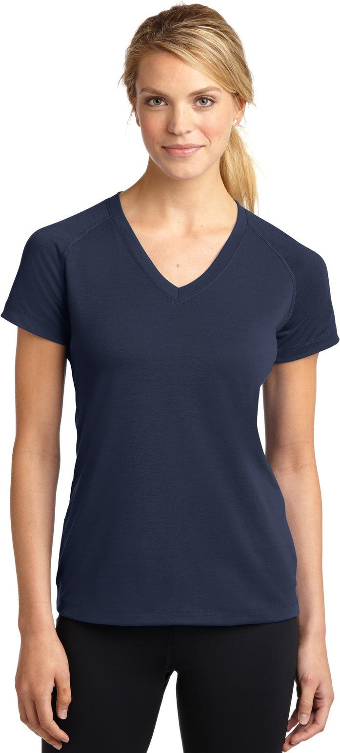 Front View of True Navy Sport-Tek Women's Ultimate Performance V-Neck. LST700