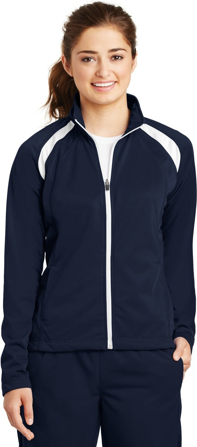 Front View of True Navy/Whit Sport-Tek Women's Tricot Track Jacket. LST90