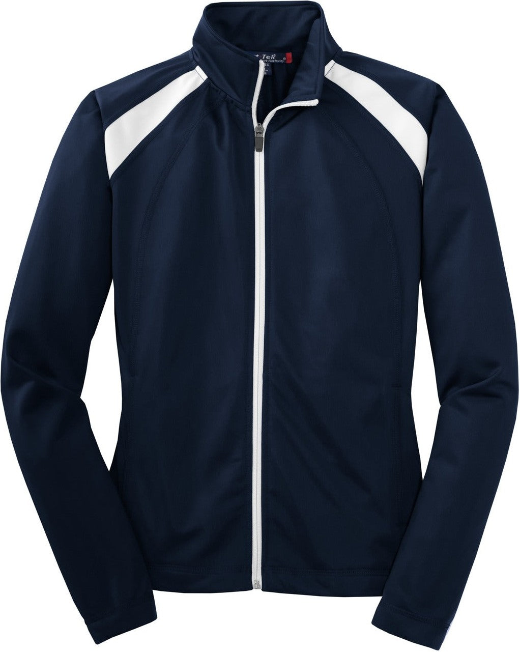 Front View of True Navy/Whit Sport-Tek Women's Tricot Track Jacket. LST90