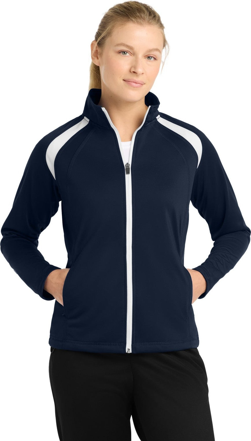 Front View of True Navy/Whit Sport-Tek Women's Tricot Track Jacket. LST90