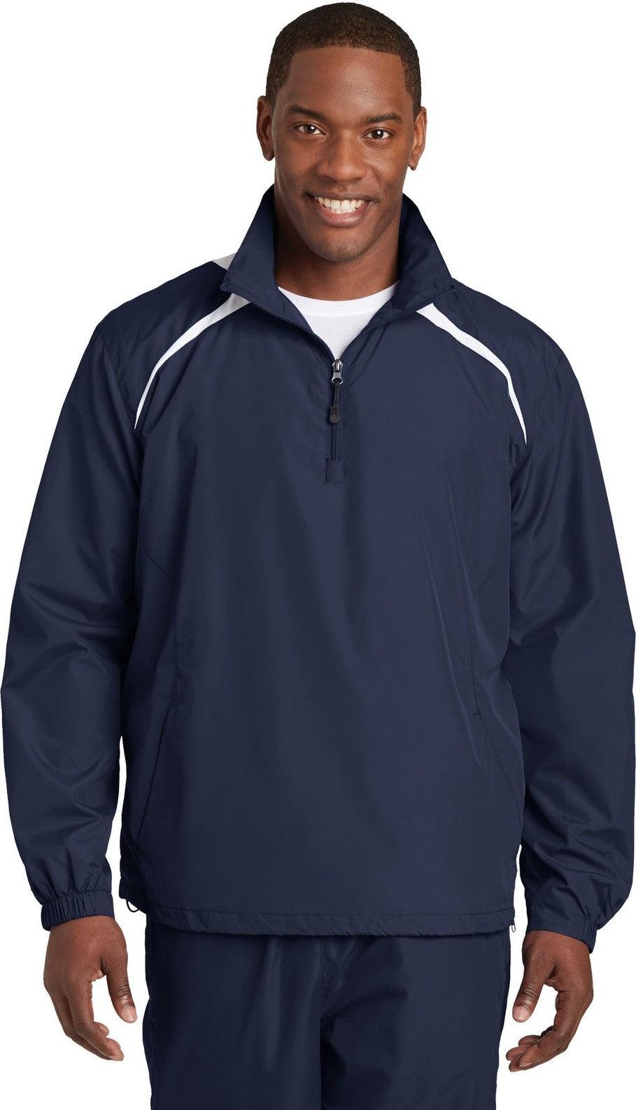 Front View of True Navy/Wht Sport-Tek 1/2-Zip Wind Shirt. JST75
