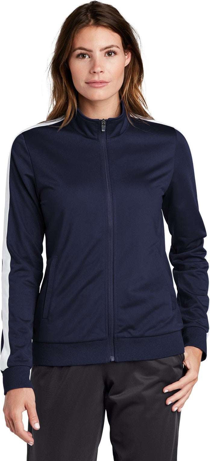Front View of True Navy/Wht Sport-Tek Ladies Tricot Sleeve Stripe Track Jacket. LST94