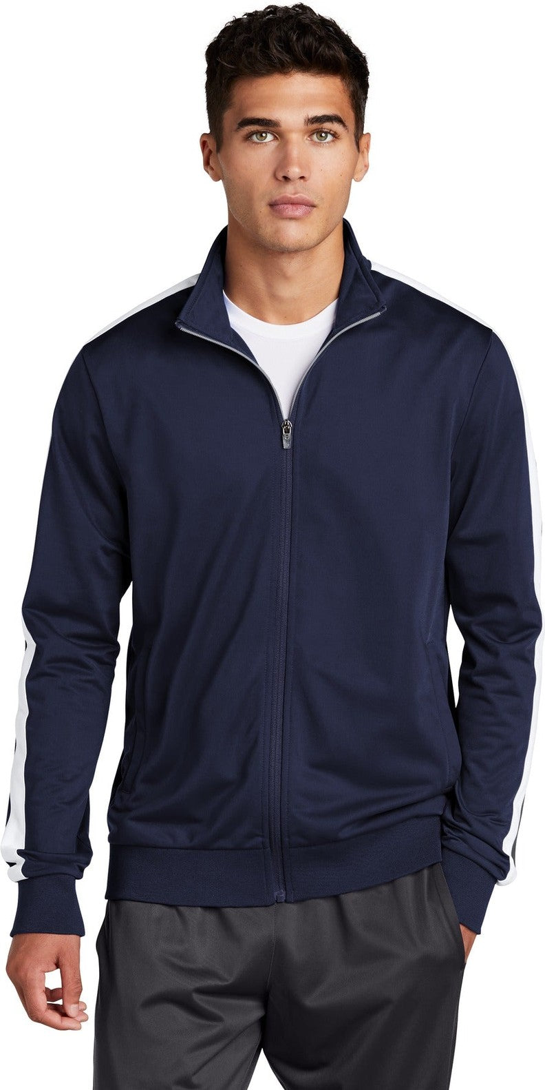 Front View of True Navy/Wht Sport-Tek Tricot Sleeve Stripe Track Jacket. JST94