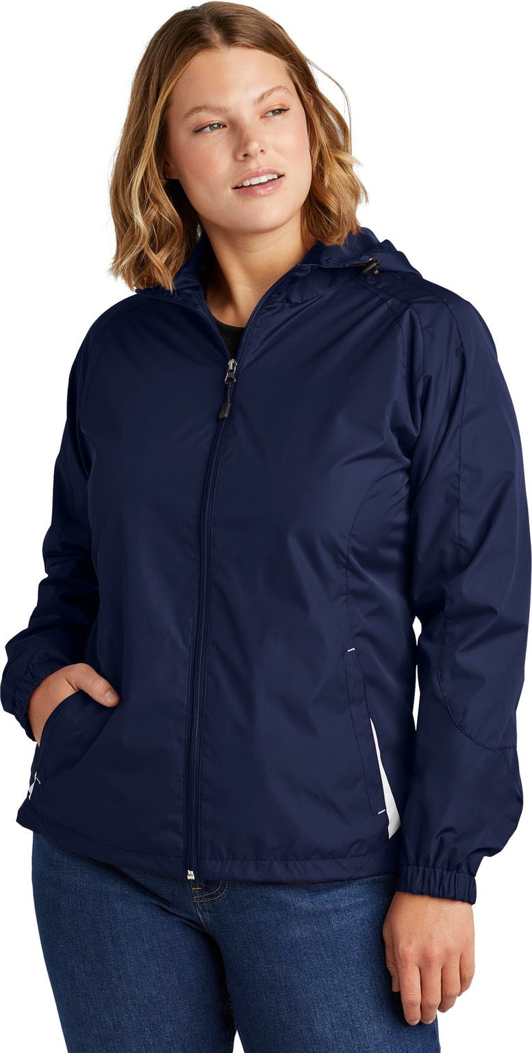 Front View of True Navy/Wht Sport-Tek Women's Colorblock Hooded Raglan Jacket. LST76